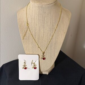 Gold Necklace and Earring Set with Red Accents